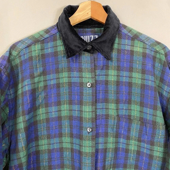 Vtg Quizz Long Sleeve Velvet Collar Plaid Button Down Shirt Women's Small Multi - Picture 5 of 12
